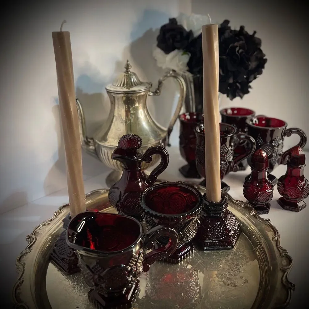 Vintage Avon 1876 Cape Cod Ruby Red Cruet w/ Stopper + Creamer & Sugar Set-EXCL